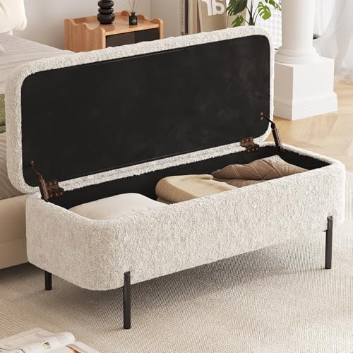 Guyii Bettbank Polsterbank mit Stauraum – Sitzbank für Flur & Schlafzimmer, Moderne Bank mit Stauraum, Aufbewahrungsbank mit Lammfell Stoff, stabile Metallbeine, gepolsterte Sitztruhe