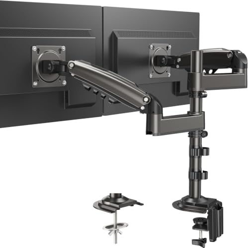 HUANUO Monitor Halterung 2 Monitore 13-32 Zoll, 9KG Arm, VESA 75/100 | Höhenverstellbar, Neigbar Schwenkbar, 360° Drehbar, Vollmetall Aluminium, C-Klemme und Lochmontage