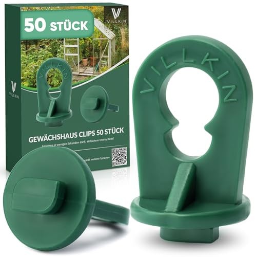 Villkin Gewächshausclips 50 Stück im Set mit extra starkem Halt und Ösen – Die beste Rankhilfe und der beste Pflanzenhalter für Ihr Gewächshaus – Gewächshaus Zubehör (50, Grün)