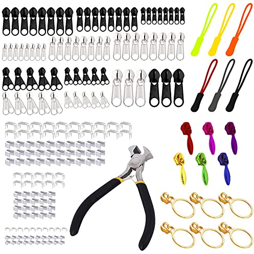 Daily Treasures 201-teiliges Reißverschluss-Reparatur-Kit aus Metall, 86 Zipper-Schieber mit 1 Zange, 110 Stoppern, 6 Verlängerungen für Kleidung, Jacken & Hosen(#3/#5/#8/#10)