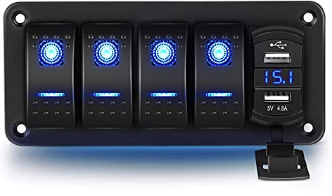 RUIZHI 12V/24V Schalter Panel Wasserdicht, 4 Gang Kippschalter Schalttafel | 5 Pin ON Off Wippschalter mit Blauer LED-Licht, Schaltpanel mit Dual-USB für Boot, Auto, LKW