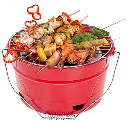 Uten Grill Tragbarer Grilleimer, Camping Grill BBQ, Picknickgrill | mit Griff, Großer Grillfläche, Holzkohlegrill, Durchmesser 27,5cm, Geeignet für 1-4 Personen, Rot