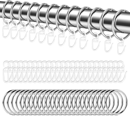 48 Stück Vorhangringe Silber aus Metall und Gardinenhaken, 30 mm Innendurchmesser, für Duschvorhänge, Vorhänge, vom Boden bis zur Decke (Silber)