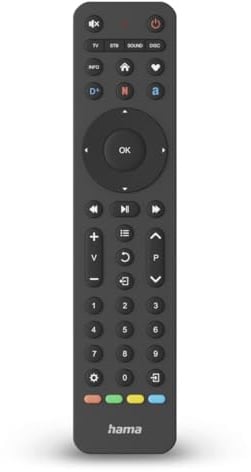 Hama Universalfernbedienung TV, für 4 Geräte (Infrarot, smarte Tasten, lernfähig, 10m Reichweite, ideal z.B. für TV, DVD Player, Videorekorder, Receiver, Set Top Boxen) schwarz