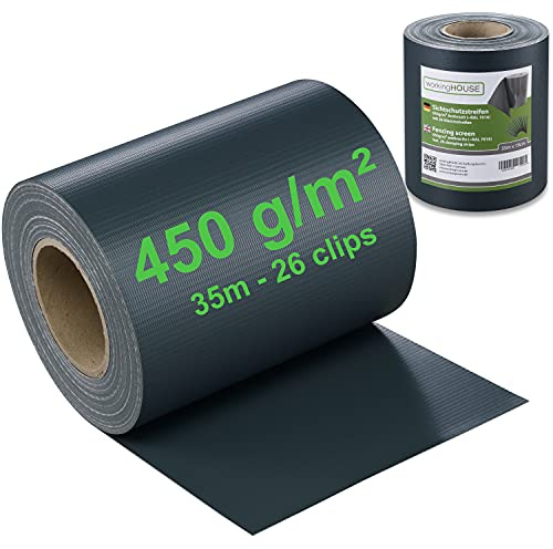 WORKINGHOUSE PVC Sichtschutzstreifen 450g/m² Standard für Doppelstabmatten Zaun – 35m Rolle, Anthrazit RAL 7016 | Wind- & Blickschutz, wetterfest, inkl. Clips