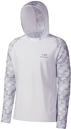Bassdash UV Shirt Herren Kapuzenpullover UPF 50 Sonnenschutz Camo Funktion Hoodie UV-Schutz Langarm Angeln Shirt Atmungsaktiv Weiß/Hellgraues Tarnung L