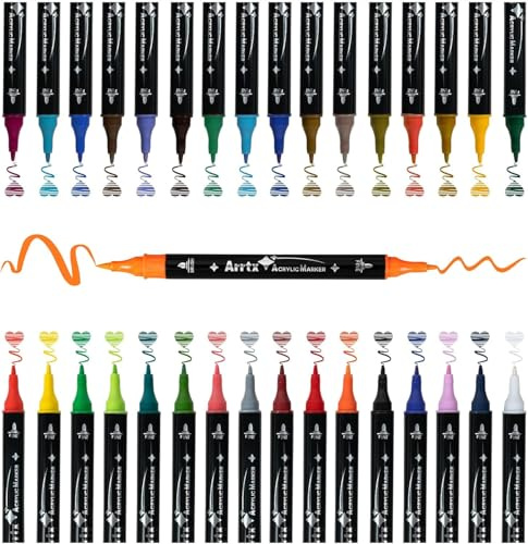 Arrtx Acrylstifte für Steine Bemalen, 32 Farben Marker Dual-Tip-Pinsel und feine Spitze, Acrylmarker für malerei, Keramik, Glas, Holz, Metall, Leinwand, DIY Fotoalbum