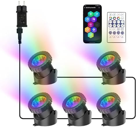 NATPOW Teichbeleuchtung LED Unterwasser, Unterwasserbeleuchtung RGB Unterwasser Teichlicht mit Bluetooth APP Fernbedienung, IP68 wasserdicht, Gartenbeleuchtung für Garten, Patio, Baum(5 in 1)