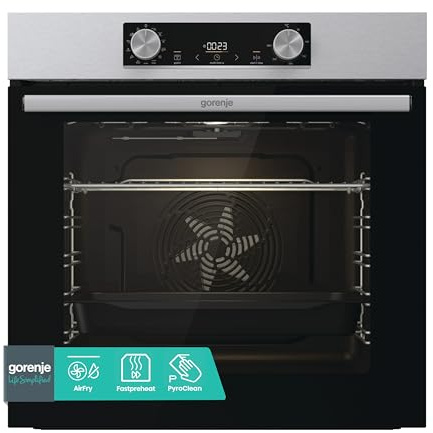 Gorenje BOP6737E02XK Einbaubackofen, 77 Liter, 60CM, Heißluft, EcoClean-Email, Air Fry, Aushängbare Glas-Backofentür, Fast Pre-heat, PyroClean, Abnehmbare Glastür, Max. Ofentemperatur 300 °C