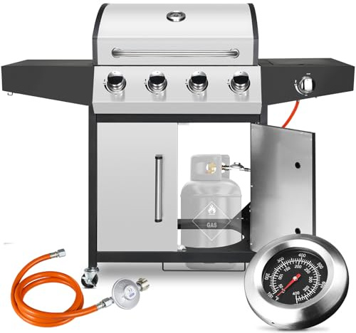 LIFERUN Gasgrill 4+1 Edelstahl Brenner,15 kw Gas Grillwagen BBQ mit Seitenkochfeld,Gasgriller mit Thermometer,4 PCS Bremse Rollen,DE I3B/P(50) Gasdruckregler,Standgrill Camping Garten(Butan/Propan)