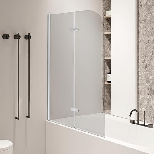 Peviasot Duschwand Badewanne 100 x 140 cm, 2-teilig faltbare Badewannenfaltwand, Badewannenaufsatz aus 6 mm ESG Sicherheitsglas, 180° schwenkbar, Silber Transparent