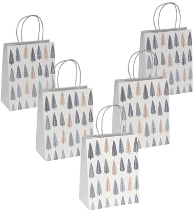 SIGEL Premium Geschenktüten Tannenbäume 18 x 23 cm 5er Set | GT122/5, für Weihnachten, Papierkordelgriffe in Weiß Blau und Gold
