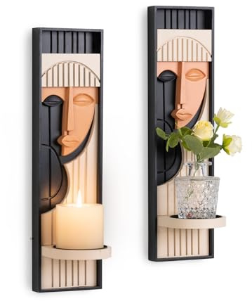 WVOPIAHY Boho Wandkerzenhalter Set, Abstraktes Gesicht Design, 42 x 11 cm, Schwarz-Beige, Kerzenhalter für Wandmontage