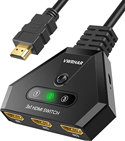 VWRHar HDMI-Switch 4K, 3-Port-HDMI-Switch-Splitter mit Hochgeschwindigkeits-HDMI-Kabel, HDMI-Switch 3 In 1 Out unterstützt 4K 3D 1080P UHD HDCP 2.2 für Xbox PS3/4/5 Sky Box Apple TV Fire Stick Blu-ray