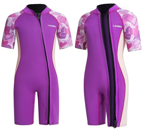 Lansru Neoprenanzug Kinder - 2,0 mm Kurz Neopren für Jungen, Pionierweiser Durchgehender Reißverschluss, UV-Schutz, Thermal Wetsuit für Surfen,Schwimmen und Tauchen
