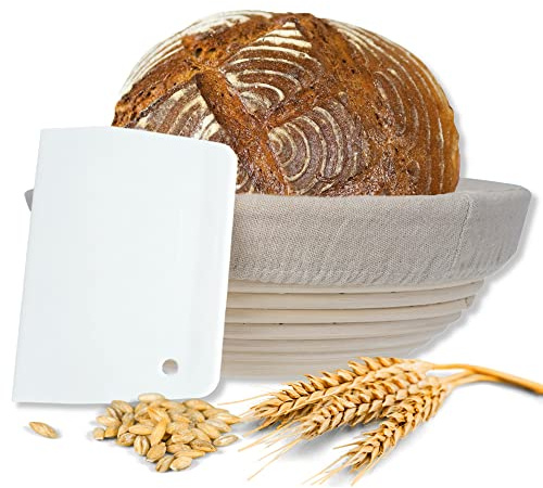 riijk Gärkörbchen + Teigschaber – Der ideale Gärkorb aus natürlichem Peddigrohr (rund, 25 cm) – mit Leineneinsatz, rostfrei geklammert