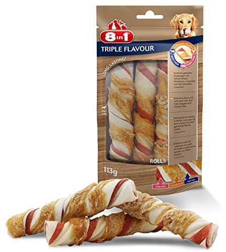 8in1 Triple Flavour Rolls Kaustangen für Hunde - Kausnacks mit extra viel Fleisch, 113g Beutel (3 Stück)