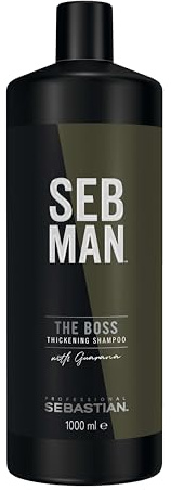 SEB MAN THE BOSS – verdichtendes Volumenshampoo für mehr Fülle – kräftigendes Shampoo mit Guarana-Extrakt und anregendem Duft von Bergamotte und rosa Pfeffer – 1 L