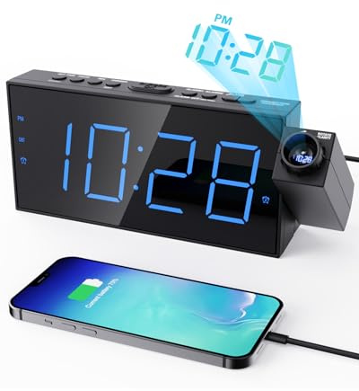 ROCAM Wecker mit Projektion, Projektionswecker mit USB Ladegerät, Batterie-Backup, 350°Projektor & Dimmer, Großer LED-Anzeige,12/24H, DST, Snooze, Digital Uhr für Kinder