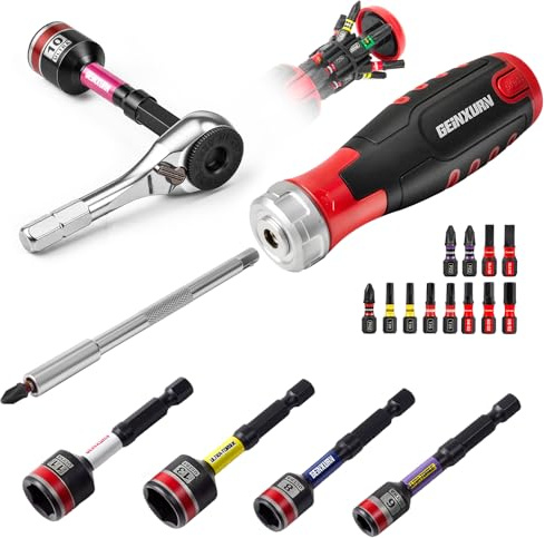 GEINXURN 19tlg. Ratschen Schraubendreher und Bithalterung Abnehmbar, Ergonomischer Griff mit Bits Lagerfläche, Inkl. 12-tlg. Bitsatz (PH/PZ/Torx/Hex/SL), Steckschlüssel, Mini-Ratschenschlüssel