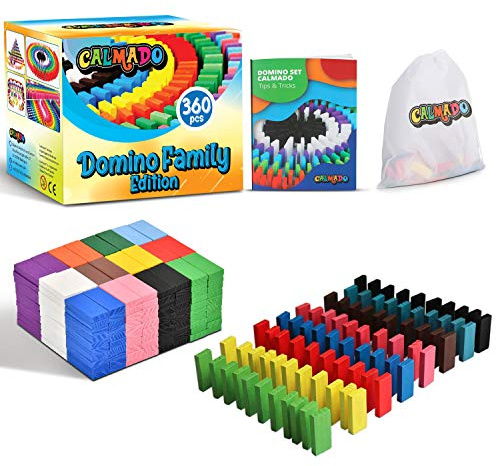 calmado - 360 TLG. Domino Steine aus Holz – Dominos Rallye Set für Kinder & Familie – Bunte Holzdominos zum Bauen, Spielen & Konstruieren – Family Edition inkl. Aufbewahrungstasche & Anleitung