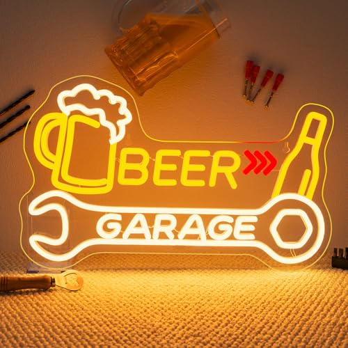 Beer Garage Neon Schild Werkstatt LED Wanddekoration Licht für Werkstatt | 42*25.5CM,Einstellbare Helligkeit (5 Stufen),USB Stromversorgung,Für Bar,Club,Nachtclub,Biergarten,Restaurant,Sportbar,Garage