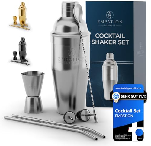 EMPATION Cocktail Shaker, 7-teiliges Cocktail Set - 700 ml Cobbler Shaker aus Edelstahl, minimalistisches Cocktail Zubehör, Bar Set für Anfänger & Profis, Cocktailshaker Set als Präsent geeignet