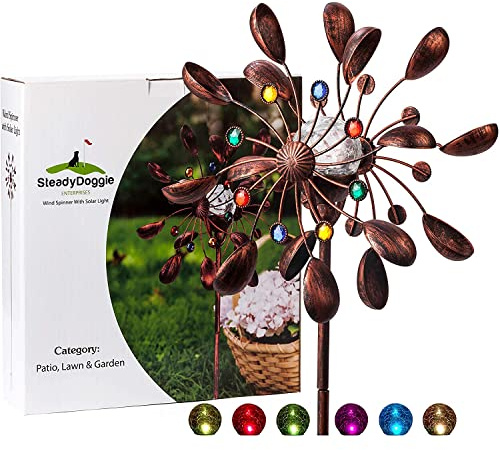 Solar Metall Windrad - mit LED-Licht und Schmucksteinen - Höhe: 190 cm - Windspiel für draußen - Leichter Aufbau - extra große Gartendeko - wetterfest, standfest - ideal für Terrasse und Garten