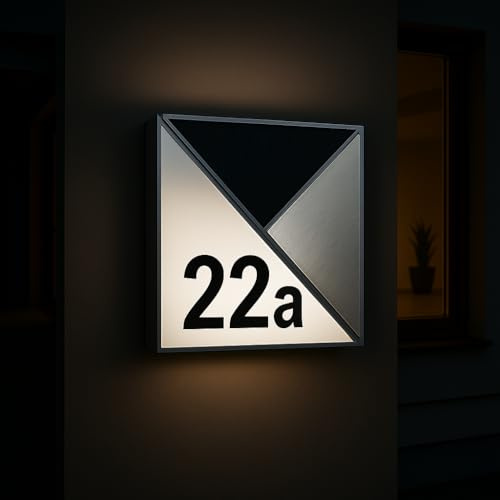MeLiTec Solar-Hausnummer SH07 | moderne LED-beleuchtete Hausnummer | für außen, wasserdicht | aus Edelstahl | kabellose Solar-Hausnummernleuchte | Hausnummernschild inklusive Ziffern- & Buchstabenset