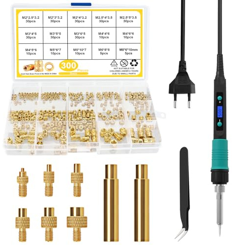 310tlg Gewindeeinsatz Lötspitzen Set, 100W LCD Einstellbarer Temperatur Lötkolben mit 6 stk Lötspitzen, 300 Gewindeeinsätzen M2 M2.5 M3 M4 M5 M6 M8 3D Druck Einschmelzmuttern usw