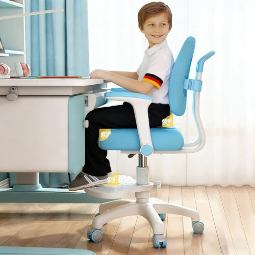 Aislerbee Kinder Schreibtischstuhl mit 360° Rädern, höhen- und tiefenverstellbar, ergonomisch Stabiler Lernstuhl für Kinder – passend für Home, Schule und Bibliothek (Blau)