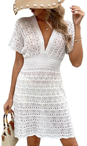Desol Bikini Cover Up Strandkleid Damen Aushöhlen Häkelkleid Strand Strandtunika Damen Sommer V-Ausschnitt Strandponcho Beachwear Damen Strandurlaub