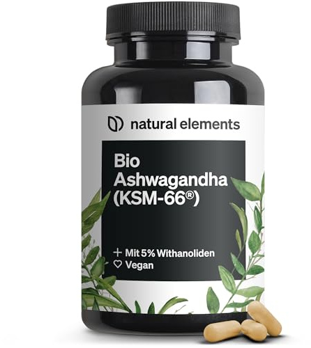 natural elements Bio-Ashwagandha – KSM-66® Premiumrohstoff (180 Kapseln mit überdurchschnittlicher Reichweite) – 5% Withanolid-Gehalt – laborgeprüft, vegan und hochdosiert