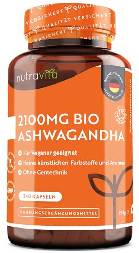 Nutravita Ashwagandha Kapseln BIO hochdosiert 2100mg - 240 vegane Ashwaganda Kapseln - 2100mg je Tagesdosis - Vegan Ashwagandha Wurzel Pulver in hohe Bio Qualität