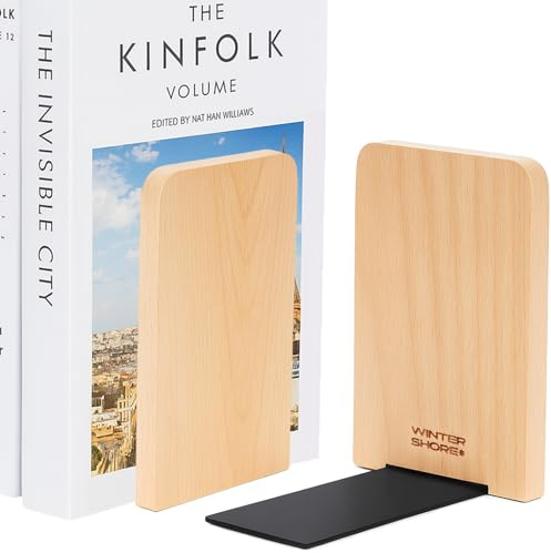 Winter Shore Buchenholz-Buchhalter Regal (2er-Pack) | 1 Paar Buchstützen Holz für Schwere Bücher, CDs, Schallplatten, Stabile Buchstütze Holz mit Rutschfesten Metallfüßen
