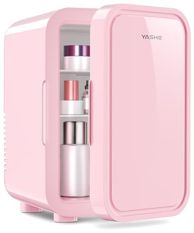 YASHE Mini-Kühlschrank, 6 Liter/8 Dosen, 220–240 V AC/DC, tragbarer thermoelektrischer Kühler, Kühlschränke für Schlafzimmer, Hautpflege, Getränke, Büro, Wohnheim und Auto, Pink