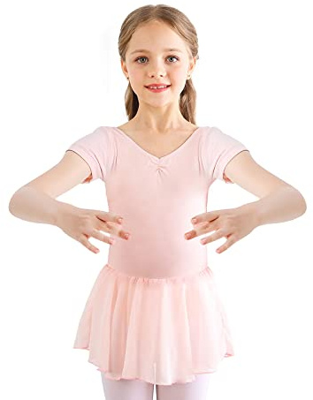 Bezioner Kinder Ballettkleidung Mädchen Ballettkleid Kurzarm Balletttrikot Ballettanzug Tanzkleid Tanzbody aus Baumwolle mit Chiffon Rock Tütü