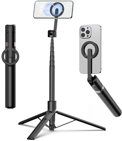 TONEOF 173cm Magnetisches Selfie Stick Stativ, Stark Magnetischer Aluminium Halter für Magsafe, 360° Drehbar, Einziehbares Einbein Stative mit Metallring&Fernbedienung, Tragbares Handystativ-Schwarz