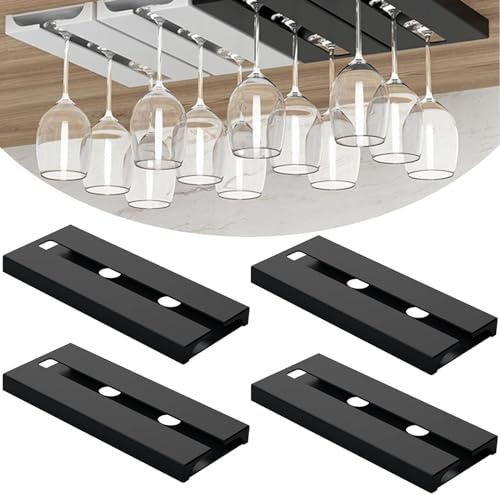 4 Stück Weinglashalter Hängend Gläserhalter zum Aufhängen Selbstklebend | Weingläser Halterung Unter Dem Schrank Weinglasregal Stemware Rack Kein Bohren Für Küche Bar Restaurant Schwarz