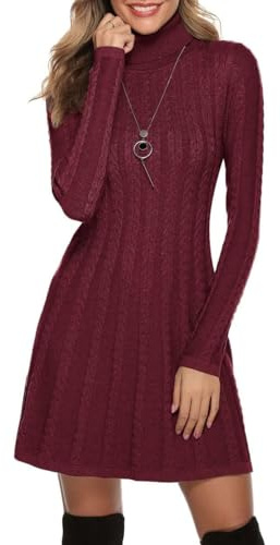 Gyabnw Damen Strickkleid Rollkragen Winterkleid Elegante A-Linie Knielanges Kleid Pulloverkleid Zopfmuster Minikleid Strickpullover für Party Cocktail Freizeit, Weinrot-Rollkragen, S