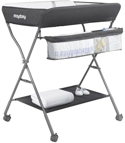 Maydolly Baby Klappbar Wickelkommode，Mobiler Wickeltisch mit Rollen und Wickelauflage,Wasserdicht und Höhenverstellbar，Baby Wickelkombi mit Ablagefächern(dunkelgrau)