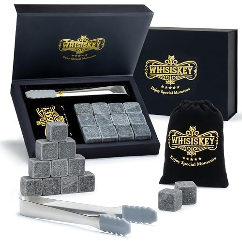 WHISISKEY Whisky Steine Set - 12 Whiskey Steine & Zange - Geschenke für Männer - Männergeschenke - Geburtstagsgeschenk Mann - Geschenkbox - Whisky Zubehör - Eiswürfel Wiederverwendbar