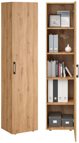 Bellamio Apol Aktenschrank 40 cm breit, Eichenoptik, mit 5 Fächern, Holz | Mehrzweckschrank breit, Hochschrank schmal, Aufbewahrungsschrank & beidseitig montierbare Tür, Büroschrank, Flurschrank