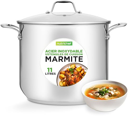 NutriChef Kochtopf Groß, 11,5L- Ø 26cm, Suppentopf Edelstahl Induktion für Alle Herdarten Geeignet, Kochtopf inkl. Glasdeckel, Hitzebeständig bis 260 °C, Spülmaschine & Backofengeeignet