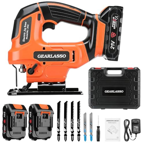 GEARLASSO Akku Stichsäge 21V Pendelhub 45° Bürstenlos LED Für Holz Metall | Jigsaw Dekupiersäge,Holzsäge,2800SPM Pendelhub 4-Stufen,2x2Ah Akkus & Ladegerät,6 Sägeblätter