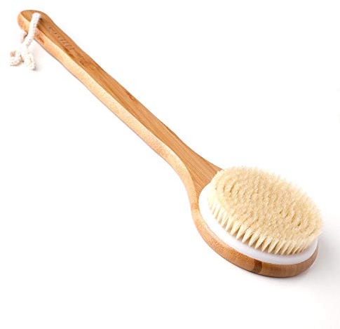 Ithyes badebürste Rückenbürste Körperbürste Trockenbürste mit langem stiel Bambus Naturborsten Peeling Massage Verbessern die Durchblutung Cellulite