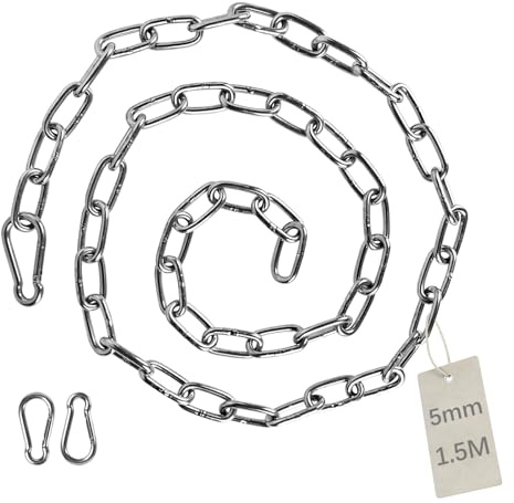 EXLECO 1,5M Edelstahlkette φ5mm Stahlkette Kette Gliederkette Absperrkette Zierkette mit 2 Karabinerhaken Metallkette zum Aufhängen Hundekette Ankerkette Rundgliederkette langgliedrig poliert