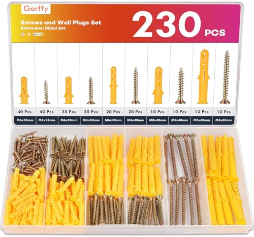 Gorffy 230 Stück Schrauben Dübel Set, 115 x Holzschrauben und 115 x Spreizdübel, M3/M4/M5/M6/M8 Dübel Schrauben Set für Ziegelsteinen, Wand Befestigung