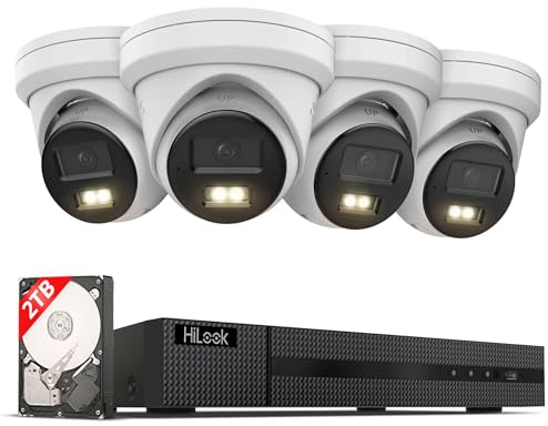 HiLook PoE Überwachungskamera 4er Set aussen 4K 8MP NVR 2TB Nachtsicht | Zentrale Aufnahme, App-Zugriff, Personen-/Fahrzeugerkennung, IP67 wetterfest, Hybrid Light für den Außenbereich