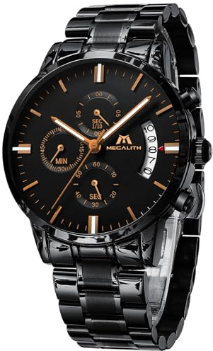 MEGALITH Herrenuhr Schwarz Edelstahl Militär: Chronographen Herren Armbanduhr Wasserdicht Leuchtende Datum - Analog Uhren fur Männer Großes Ziffernblatt Mode Casual
